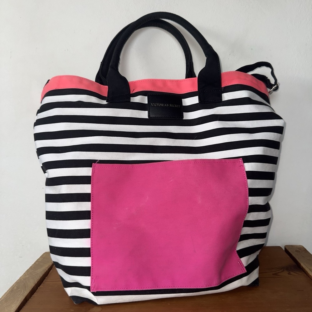 VS‎ Large Black White Striped Tote Limited Edition Waterproof Lined Weekend Bag